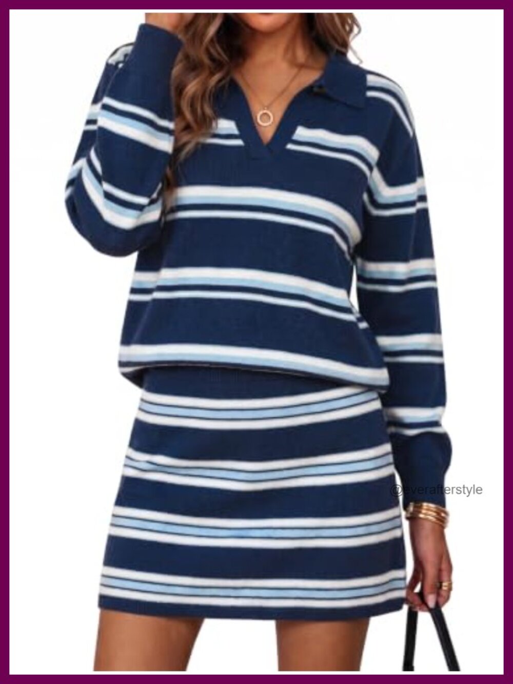 Womens Striped 2 Piece Skirt Set V Neck Long Sleeve Knit Top Mini Skirt